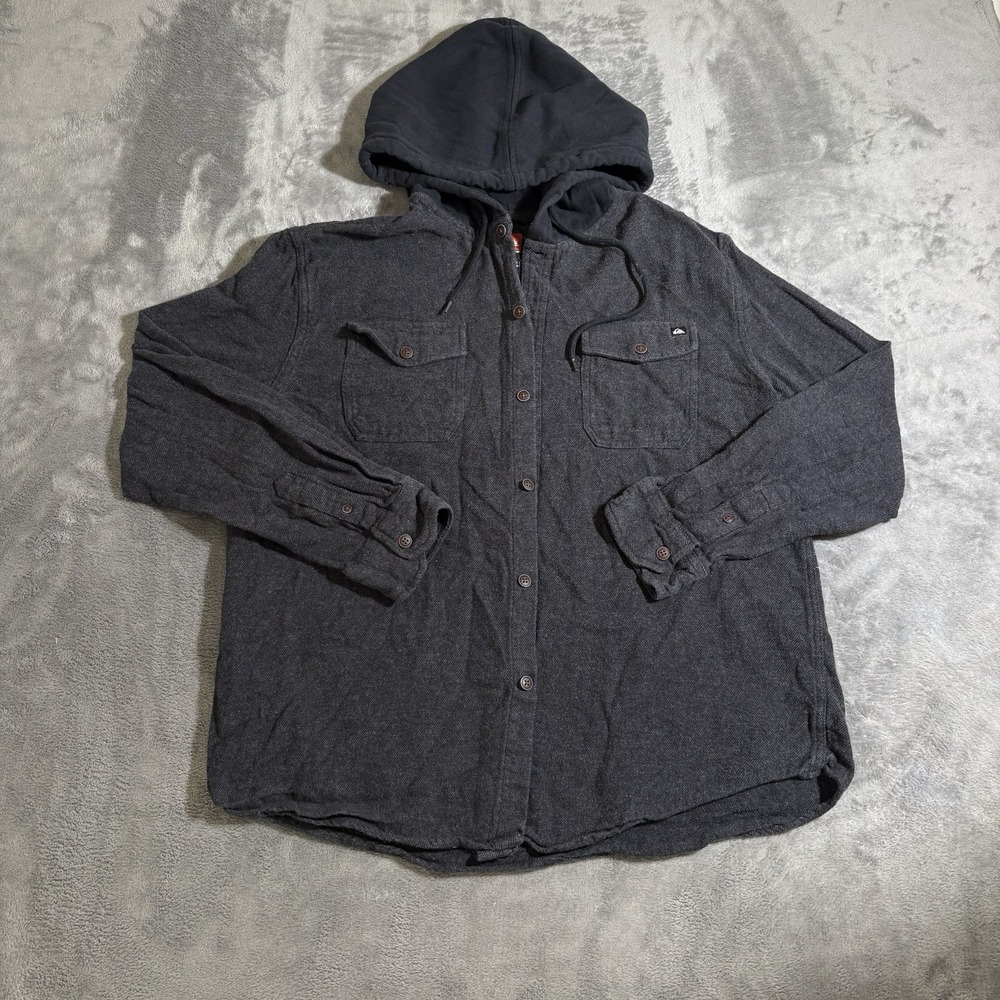 Quiksilver Men's Large Black Thick Shirt Jacket Shacket Hooded Button Up Flannel